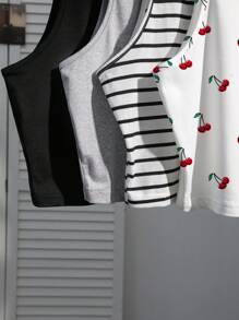 SHEIN EZwear Conjunto de 4 piezas para mujer: Camiseta sin mangas a rayas en blanco y negro, cereza casual para vacaciones, versátil y sexy para el verano y el regreso a la escuela