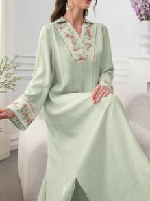 Al Najma 女式领口拼布彩色刺绣长袖连衣裙，春夏 - 薄荷綠 - 查看 3