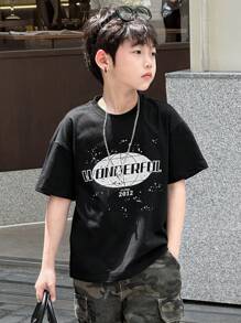 DAZY Camiseta de manga corta de cuello redondo con estampado de letras informal para niños preadolescentes, ropa de verano y de vuelta al colegio