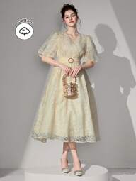 Poshira Floral Print Cross Neck Waist-Cinched Flared Midi Dress For Women