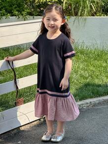 Dazy Kids Young Girl Summer Casual Colorblock Ruffle Hem Loose Dress - Black - View 7