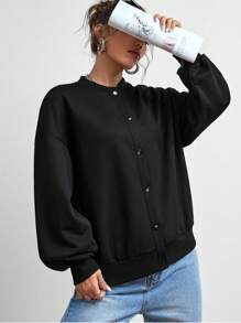 SHEIN EZwear Solid Drop Shoulder Bomber Jacket,Ladies Spring/Fall Casual Button Drop Shoulder Baseball Collar Oversized Black Plain Women Jackets,Casual Daily Wear - Black - View 3