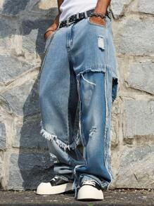 Manfinity EMRG 男士休闲宽松破洞阔腿牛仔裤 - 藍色 - 查看 6