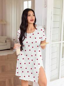 SHEIN 休闲扇贝边柔软舒适心形印花睡袍，适合居家和休闲穿着 - 白色 - 查看 3