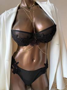 Aloruh New Sexy Lace Trim Alluring Black Push-Up Triangle Bra And Panty Set, Provocative 2 Pieces Lingerie Outfit - Black - View 4