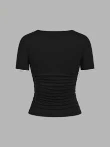 SHEIN EZwear 4件套休闲简约纯色方领短袖T恤女上衣，黑色、粉色、灰色、白色，适合春夏季