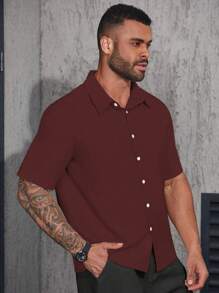 Manfinity Homme Camisa de manga corta informal/de negocios de unicolor y con solapa única para hombres de talla grande - Burdeos - Ver 4