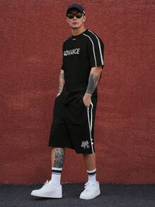 DAZY 2 件男士黑色字母印花 T 恤和短裤套装 - 黑色 - 查看 1