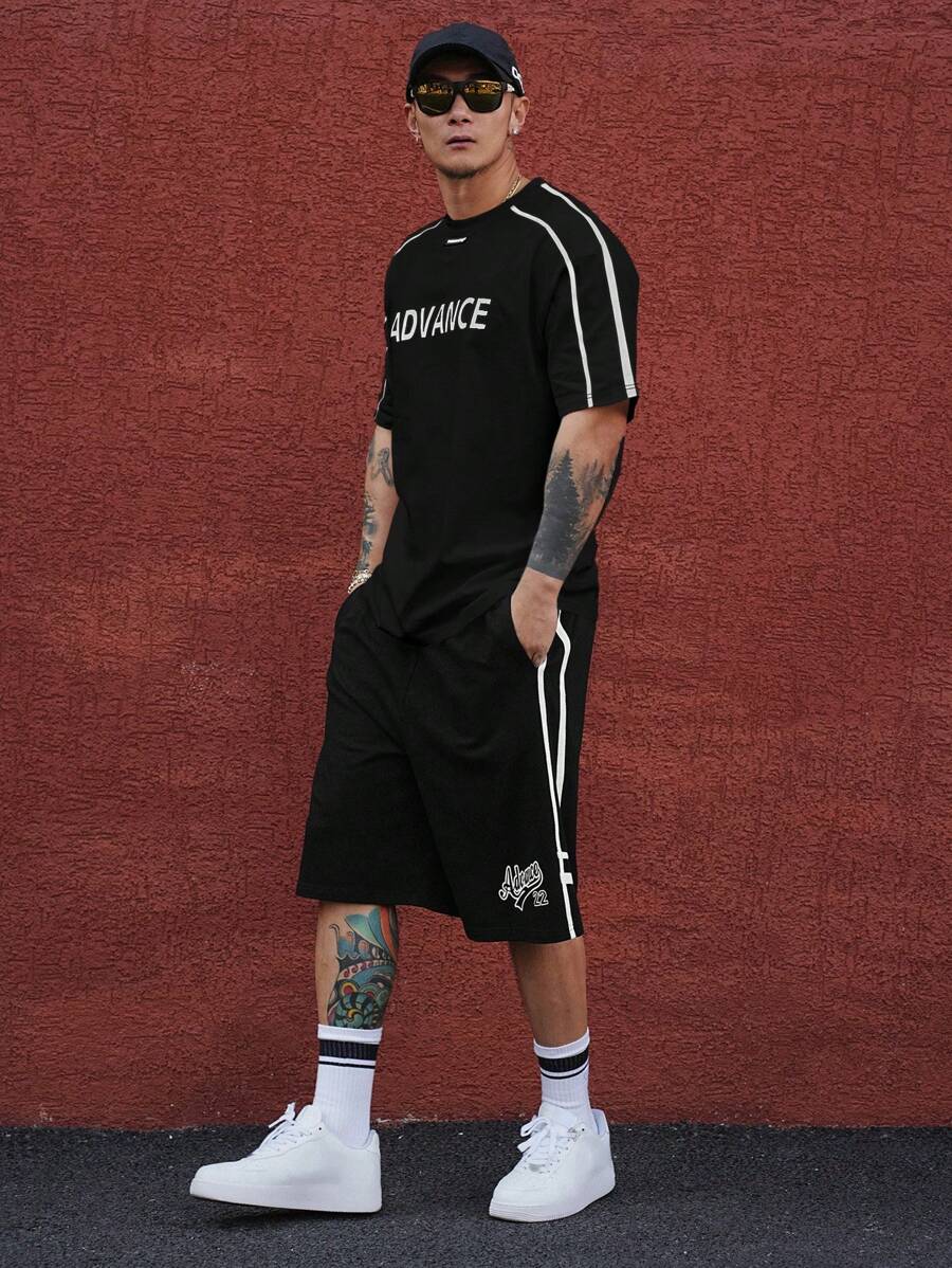 DAZY 2 件男士黑色字母印花 T 恤和短裤套装 - 黑色 - 查看 1