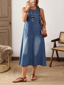 EMERY ROSE Women's Casual Sleeveless Patchwork Pocket Loose Denim Dress, Summer