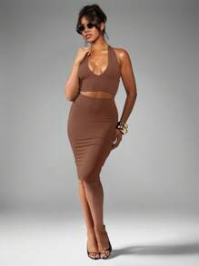 MISSGUIDED Fitted Pencil Skirt Knee Length Office Elegant Professional Workwear Evening Midi Skirt - Mocha Brown - View 3