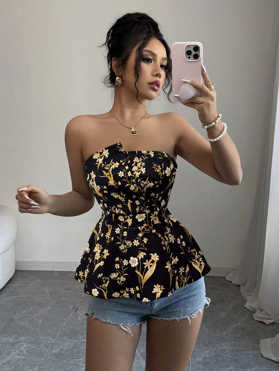 Elenzga 女士浪漫花卉印花露肩短款上衣，夏季新品