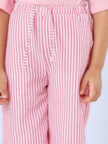 SUMWON Sunshine Happy Days Summer Co-Ord Set Seersucker Stripe Trouser Wide Leg Cropped T-Shirt Casual Holiday Beach Wear - Coral Pink - View 6