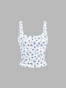 Sweetra Women Casual Square Neck Pleated Camisole, Summer