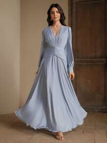 Anewsta Fashionable & Elegant V-Neck Ruched Waist Mini Dress For Women, Slimming, Spring/Summer - Baby Blue - View 6