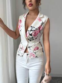 Elenzga Women Floral Print Distressed Collar Sleeveless Elegant Blazer