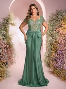 Glamrae Váy đuôi cá xếp nếp co giãn đính hạt và sequin màu xanh lá cây nhạt thanh lịch sang trọng cỡ lớn, thích hợp cho đám cưới, tiệc tùng, tiệc cocktail, những dịp trang trọng (Thiết kế trang trí đậm) - màu xanh lá - Xem 7