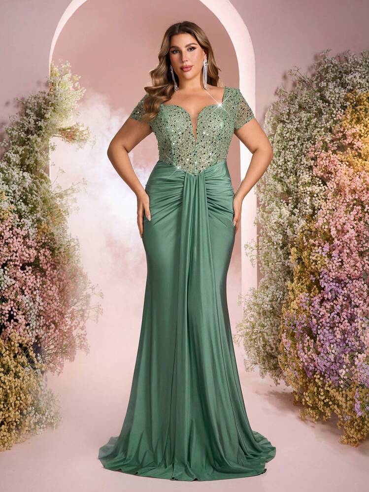Falda de estilo sirena elástica y fruncida con parches de cuentas y lentejuelas elegante, lujosa y transparente en verde claro, adecuada para boda, fiesta, cóctel y ocasiones formales (diseño con mucho bordado) - Verde - Añade 7