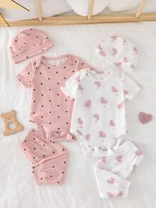 SHEIN 6件套新生女婴可爱心形和波尔卡圆点图案圆领短袖连体衣+裤子+帽子针织柔软亲肤睡衣套装 - 粉色 - 查看 3