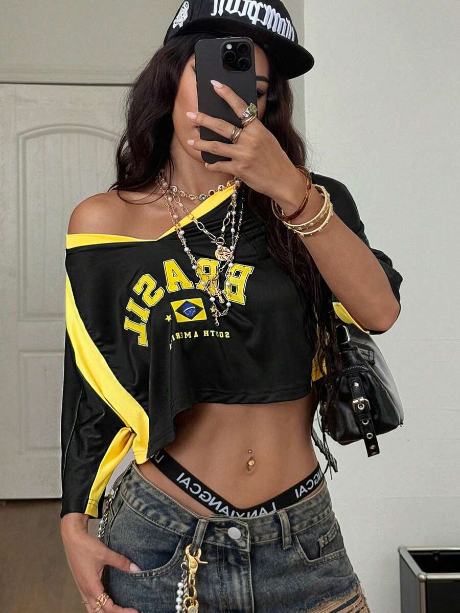 Coolane 女士夏季巴西狂欢节街头服饰 Y2K 外出运动装巴西图案拼布短款 T 恤 - 黑色 - 查看 1