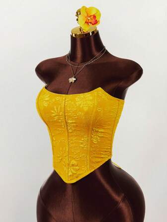 Amplova 女士花卉提花不对称下摆抹胸上衣，时尚