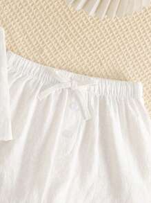 SHEIN LMoss Kids 少女休闲简约舒适无袖圆领系带蝴蝶结上衣和短裤两件套 - 白色 - 查看 3