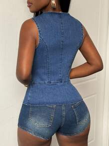 Slaydiva Women's Metal Single Breasted V-Neck Sleeveless Casual Denim Top, Summer Crop Tops Going Out Tops Women Tops Crop Top Tops For Women Denim Top Metal Buckle Decoration - Medium Wash - View 4