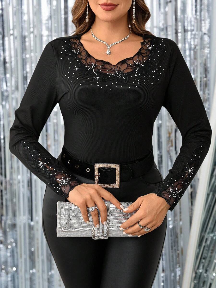 Gownix Plus Size Women's Rhinestone Decor Mesh Contrast Long Sleeve Elegant T-Shirt
