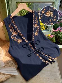 Comfortcana 夏季波西米亚风格深蓝色花卉刺绣前系带无袖女式衬衫 - 藏蓝色 - 查看 3