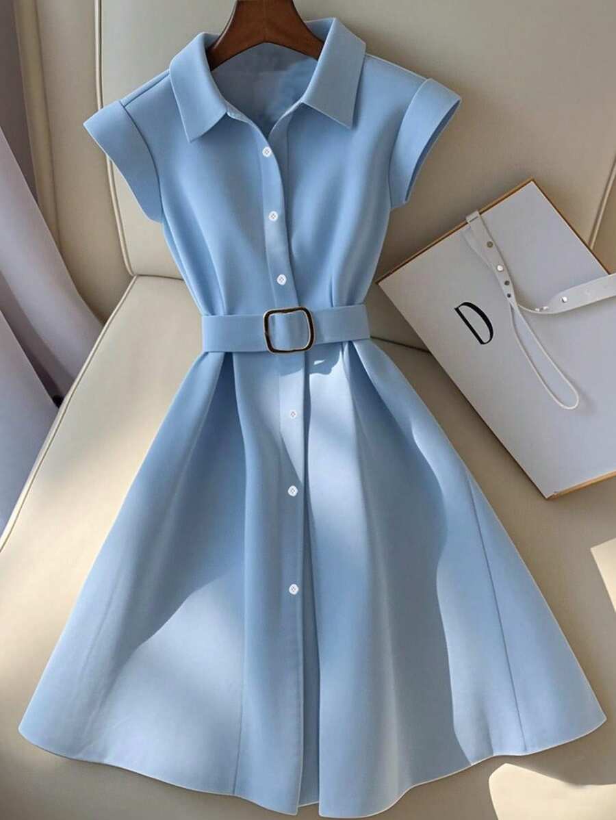 Franclia Women Solid Color City Casual Commuting Midi Dress - Blue - View 1