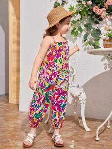 SHEIN Mono informal de pierna ancha con estampado floral para niña, estilo de vacaciones
