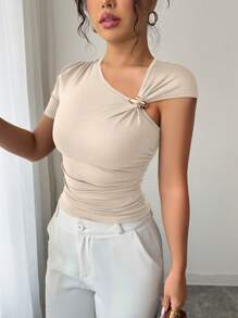 Elenzga Women Elegant Asymmetric Neckline 3D Rose Metallic Button Embellished Short Sleeve T-Shirt