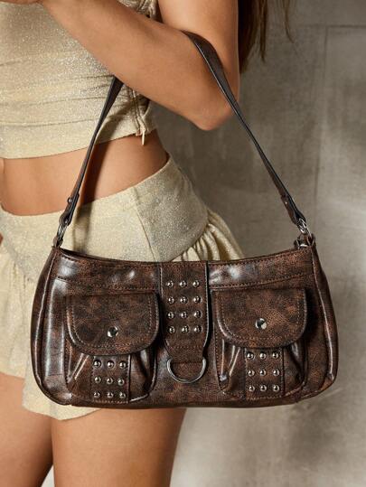 SHECARRY Ladies, Women Shoulder Bag, Hobo Bag, Fashionable, Personalized, Simple, Versatile, Street, Sweet And Cool Girls, Hot Girls, Y2k, Rivets, Vintage, Camo, Teenagers,