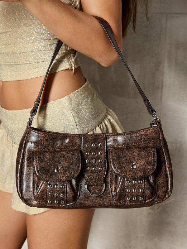 SHECARRY Ladies, Women Shoulder Bag, Hobo Bag, Fashionable, Personalized, Simple, Versatile, Street, Sweet And Cool Girls, Hot Girls, Y2k, Rivets, Vintage, Camo, Teenagers,