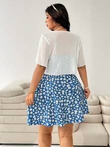 SHEIN EZwear 2pcs/Set Plus Size Women Casual Comfortable Blue Dress & Cover Up Set, Spring/Summer It Is Suitable For Dates, Casual Holidays, Can Be Worn Alone, And Can Be Paired With Long Coats In Autumn. - Blue - View 2