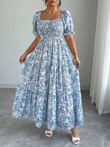 Elenzga 大码女式优雅方领荷叶边袖高腰小碎花连衣裙 - 彩色 - 查看 5