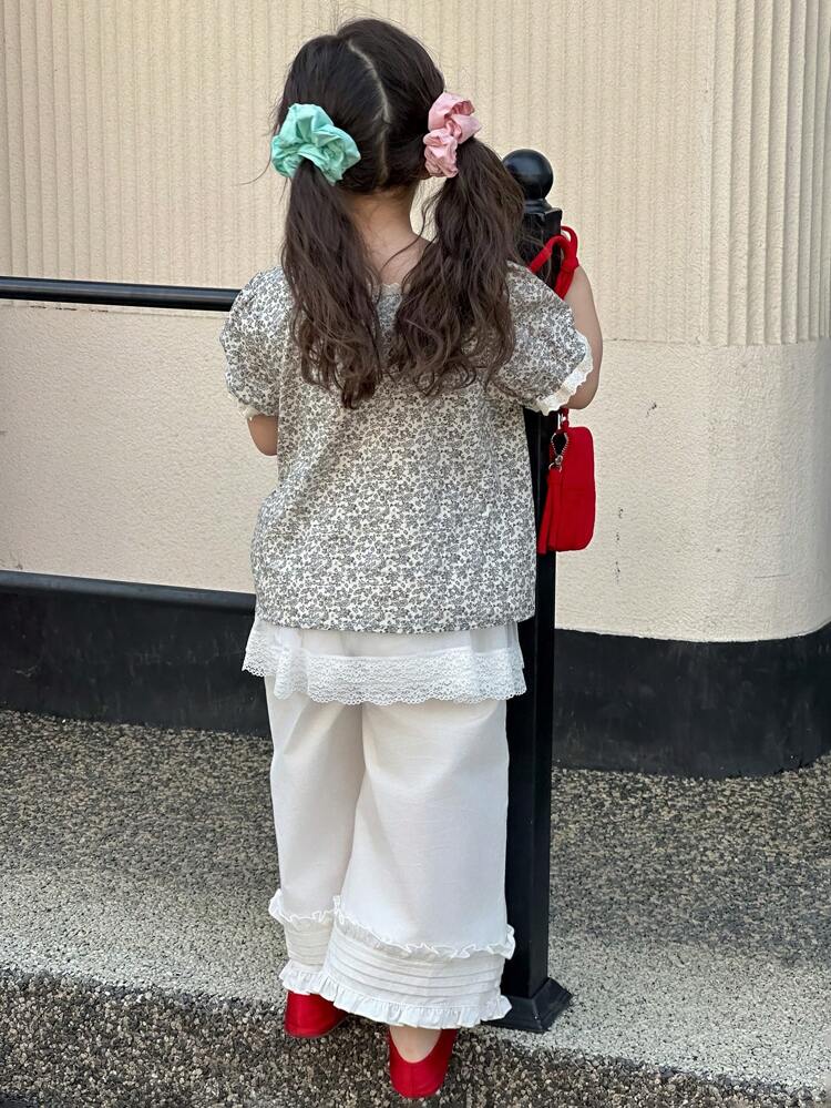 Young Girls Ditsy Floral Square Collar Short Sleeve Shirt + Long Pants 2-Piece Set, Fall Outfit