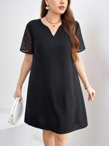 SHEIN Clasi Plus Size Women Summer Notched V-Neck Mesh Short Sleeve Trapeze Loose Dress