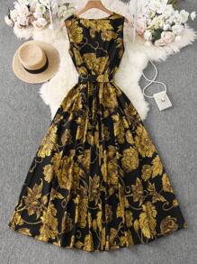 SHEIN Unity 大码女式无袖碎花中长连衣裙，优雅成熟，适合日常穿着