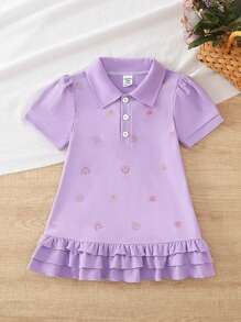SHEIN Playful Pals 女婴泡泡袖紫色高领彩虹印花荷叶边下摆休闲短袖连衣裙 - 紫色 - 查看 2