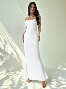 Firerie Vestido largo ajustado de novia, con tirantes de espagueti y espalda descubierta, decorado con perlas blancas, para vacaciones de verano, fiestas, bodas y eventos elegantes - Blanco - Ver 1