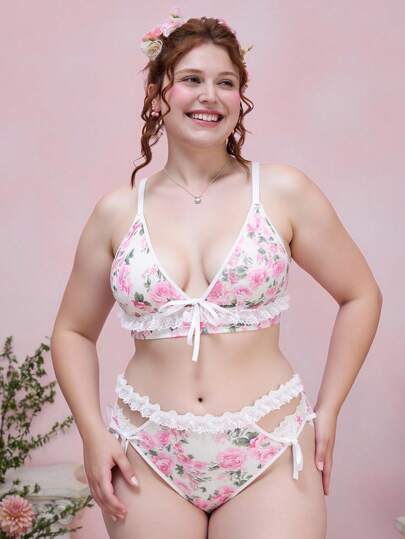 Kawaii Ensemble de soutien-gorge sans coussinet, grande taille, avec patch en dentelle florale romantique et nœud papillon
