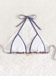 Sweetra Sweetro Summer Vacation Random Print Gold Sun Accessory Halter Triangle Cup Sexy Bikini Top - Multicolor - View 3