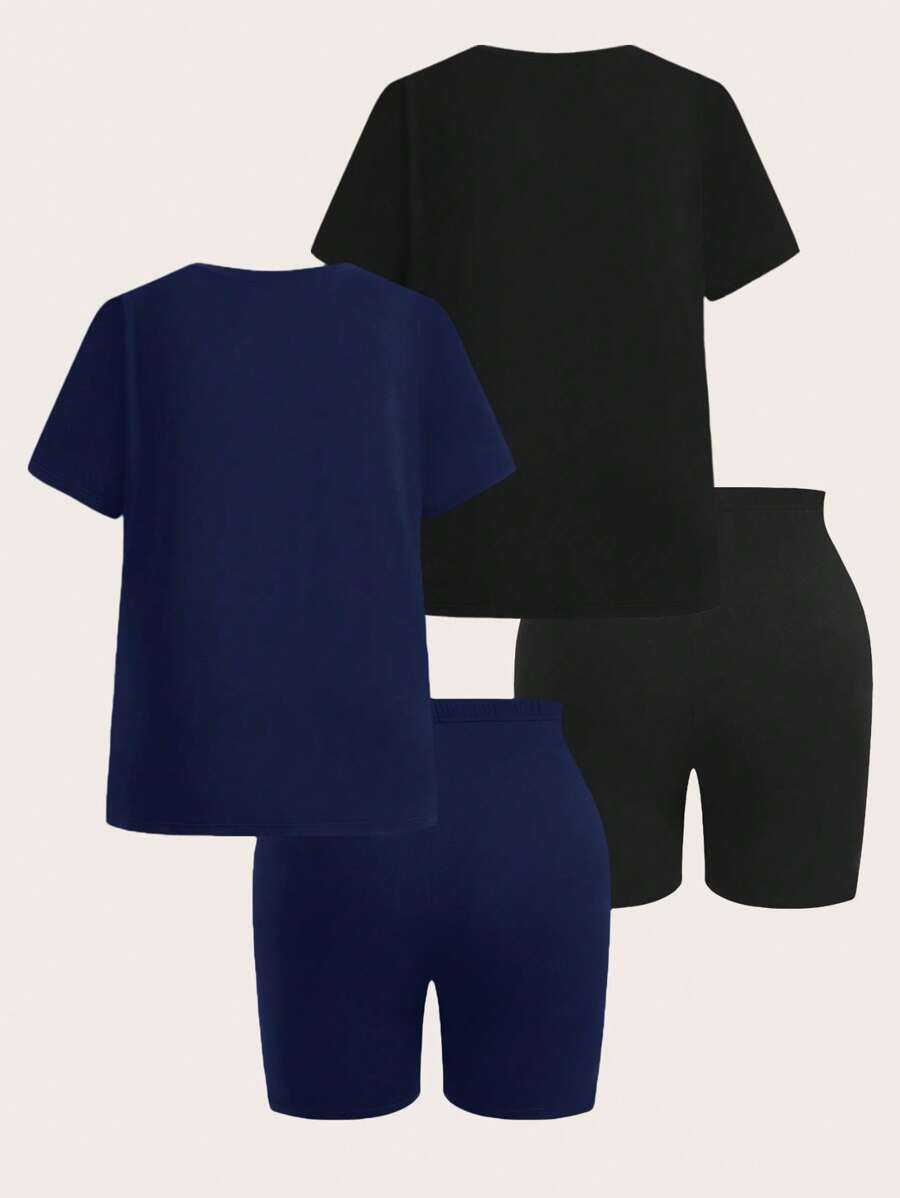 SHEIN EZwear 四件套:两件加大码纯色短袖T恤 + 两件及膝短裤,女士夏季套装,两件套 - 藏蓝色 - 查看 1