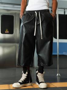 Manfinity EMRG 男士松紧腰抽绳宽松休闲七分短裤 - 黑色 - 查看 4