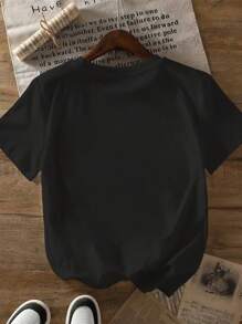 SHEIN Kaos Lengan Pendek dengan Motif Dasi Kupu-Kupu, Atasan Serbaguna dengan Potongan Longgar untuk Wanita - Hitam - View 2