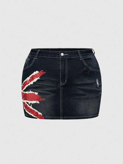 J-Fashion Gonna di jeans mini da donna in stile retrò punk, con stampa di bandiera in stile Y2K, taglie comode