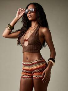 MISSGUIDED Bohemian Beach Shorts Cover Up Crochet Pattern Low Rise Summer Festival Poolside Resort Wear Vacation Beachwear - Multicolor - View 5