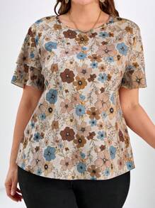 Reflora Plus Size Summer Background Printed Sleeve Double Ruffle Hem Blouse, Elegant Bohemian Boho For Daily Wear, Spring Dinner Office Beige - Multicolor - View 3