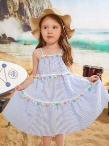 Joliand Joliand Cô Gái Trẻ Sọc Pompom Váy Dây - Xanh và trắng - Xem 8